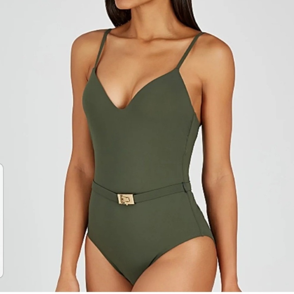 Tory Burch Olive Green Belted One Piece Swimsuit V-Neck Gold Size Medium